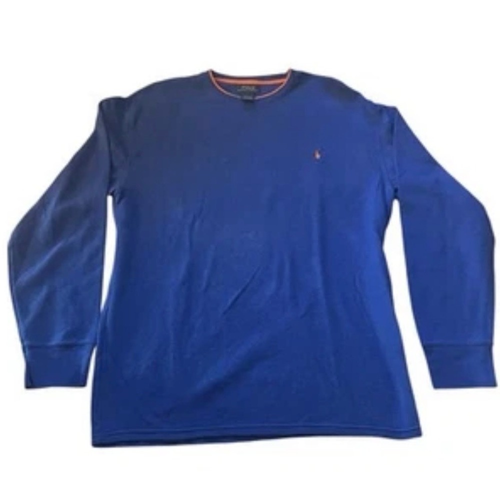 Polo Ralph Lauren Mens XL Waffle Knit Thermal Long Sleeve Shirt Blue Orange Pony